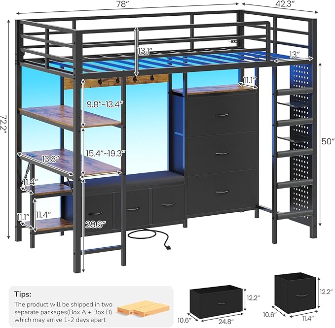 DICTAC Loft Bed Twin Size with 6 Storage Drawers,Coat Rack and Open Shelves Metal Twin Loft Bed with Desk,Charging Station and LED Light,loft beds with Large Pegboard,Stairs and Safety Guardrail,Black