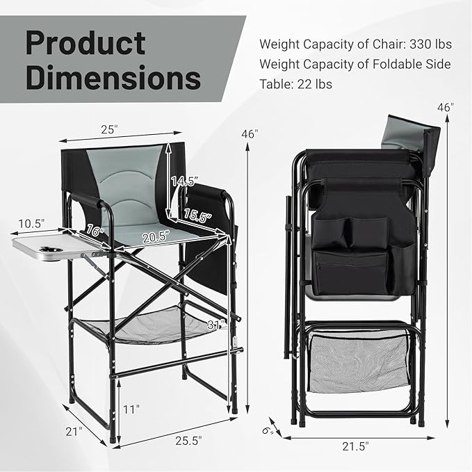 COSTWAY 46" Tall Directors Chair, Folding Makeup Artist Chair with Foldable Side Table & Footrest, Extra Cup Holder, Bottom Mesh Bag & Storage Pocket, Camping Chair for Lawn & Yard, Black+Gray