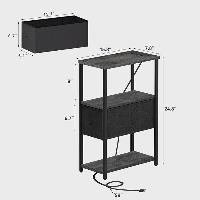 TUTOTAK Small Narrow LED End Table with Charging Station, Side Table Outlets, Nightstand with Cloth Drawer, Set of 2, Couch Table, for Living Room, Bedroom, Bedside, Charcoal Grey TB01BY059