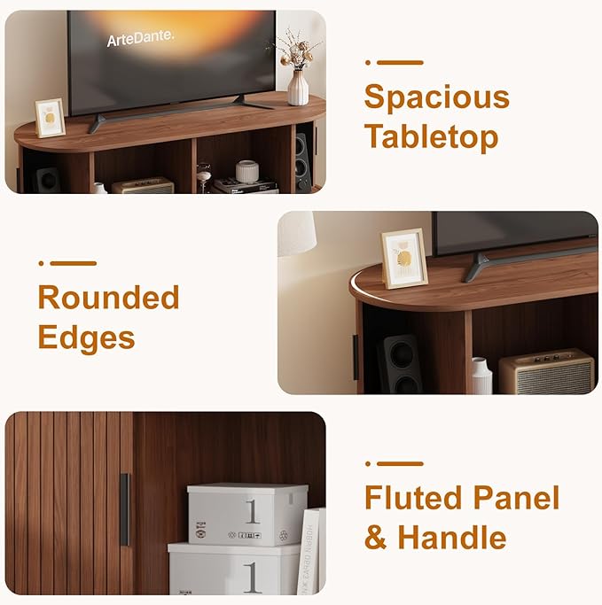 Mid Century Modern TV Stand, 47.2" Media Console Entertainment Center with 4 Storage Compartments & Sliding Doors, Bedroom TV Cabinet for ups to 55 Inch Tvs (Walnut)