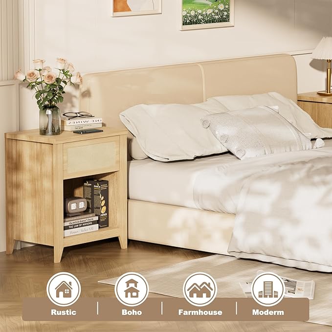 Boho Nightstands Set of 2, Farmhouse Night Stand Bedside Table with Drawer and Storage Shelf Rattan End Tables Side Tables for Bedroom Sofa Couch Office,Small Space, Oak