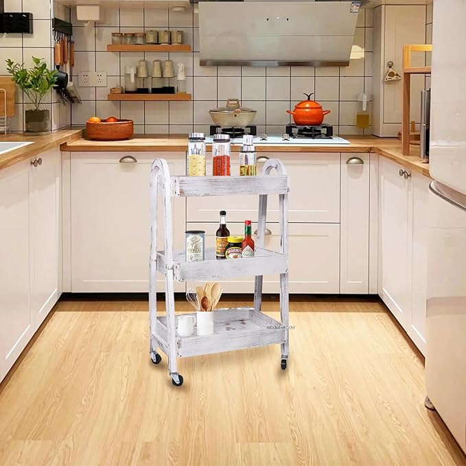 3-Tier Wooden Rolling Cart- Wooden Utility Cart wit Wheels- Utility Rolling Cart-Storage Trolley Organizer- Rolling Kitchen Serving Cart for Office,Kitchen, Kids' Room (Retro White)