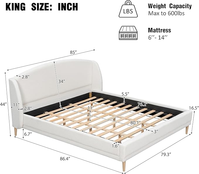Christopher Knight Home Hazel King Size Bed Frame, Upholstered Platform Bed, Soft Boucle Wingback Headboard, Wood Bed Support and Slats, Curved-Shaped Headboard King Beds for Adult, 45.60" H White