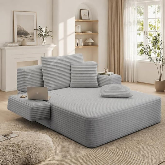 Oversized Boneless Chaise Sofa Bed, Corduroy Chaise Lounge Chair Indoor with Storage Pockets, Upholstered Cloud Sleeper Chair Bed for Small Space, Living Room, Bedroom, Apartment, Light Grey