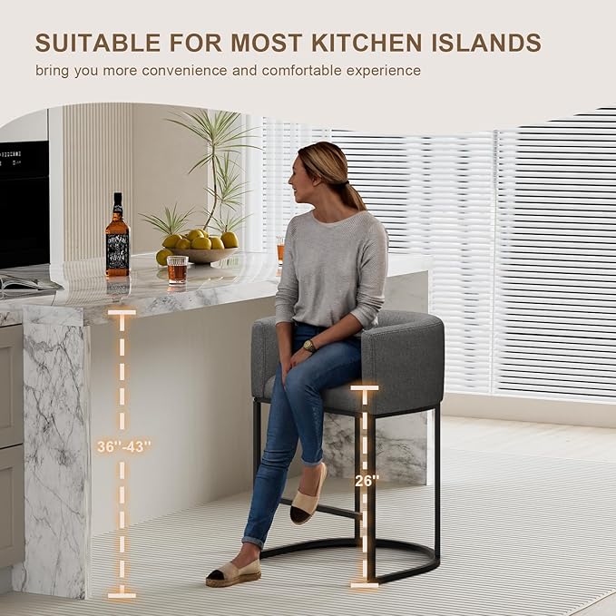 26" H Counter Height Bar Stools Set of 1, Modern Barrel Counter Stools with Backrest and Arms, Linen Fabric Upholstered Accent Barstools for Kitchen Island,Support 450 LBS (Carbon Black)