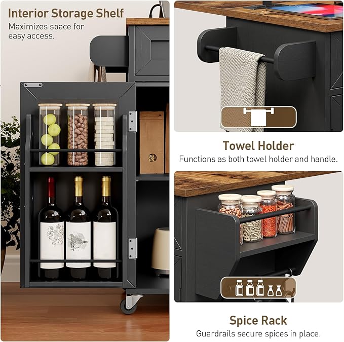 RALGEND Kitchen Island with Power Outlets & Drop Leaf, Kitchen Cart with Storage, Drawer and Spice Rack, Tower Rack, Island Table, Black and Rustic Brown