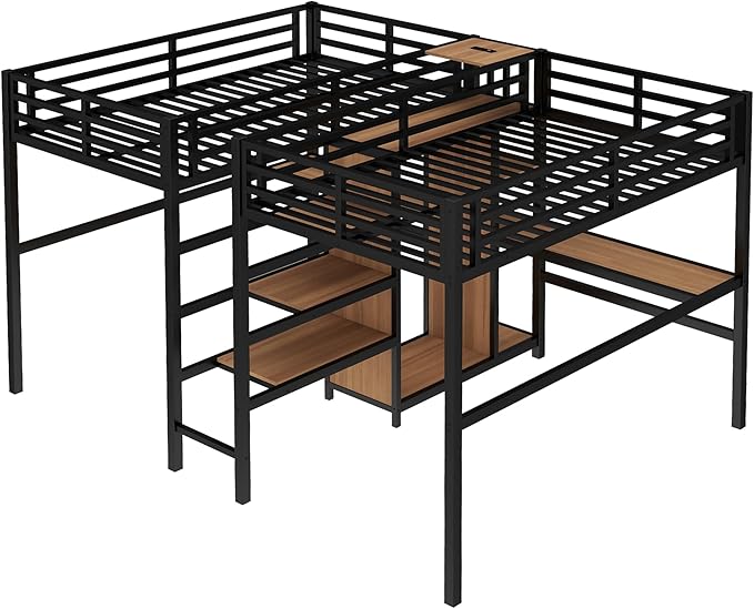 Harper & Bright Designs Twin Over Twin Loft Bed with Desk and Shelves, Metal Loft Bed with Wardrobe and Charging Station for Kids Teens, Space Saving, Noise Reduction, Black+Nature