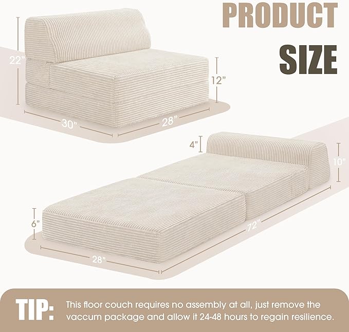 Kasunpul Folding Sofa Bed with Pillow, Memory Foam Fold Out Chair Bed, Convertible Sleeper Chair with Washable Cover, Futon Floor Couch for Living Room/Dorm/Guest Use/Home Office/Apartment, Beige