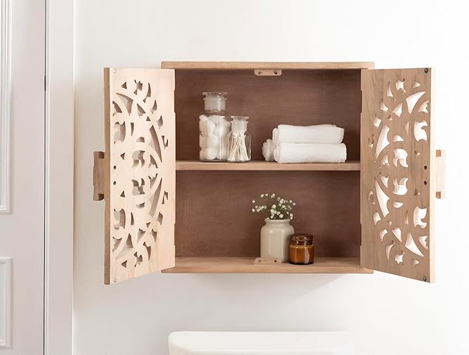Kate and Laurel Saanvi Traditional Carved Wood Wall Cabinet; 20 x 6 x 20; Light Natural; Dimensional Over the Toilet Storage Cabinet for Bathroom Storage and Display