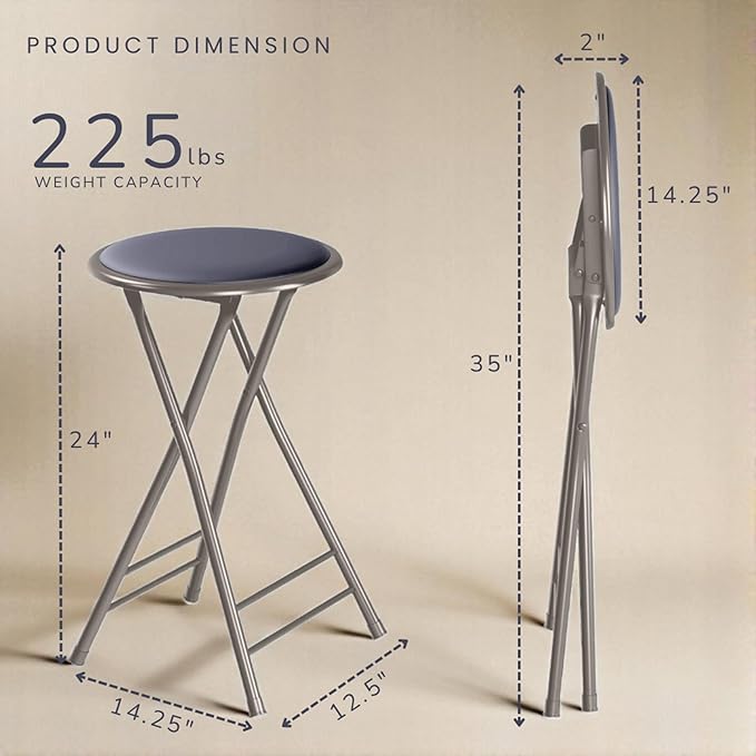 Lavish Home Folding Stool - Set of 2 Counter Height Bar Stools – 24-Inch Backless Folding Chairs with 225lb Capacity for Kitchen, Rec Room, or Game Room (Gray)