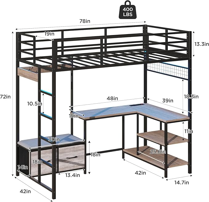 Vabches Twin Size Loft Bed with L-Shaped Desk, LED Lights, Charging Station, Loft Bed Frame with with Storage Drawers,Coat Rack, Safety Guardrail & Ladder, Gray