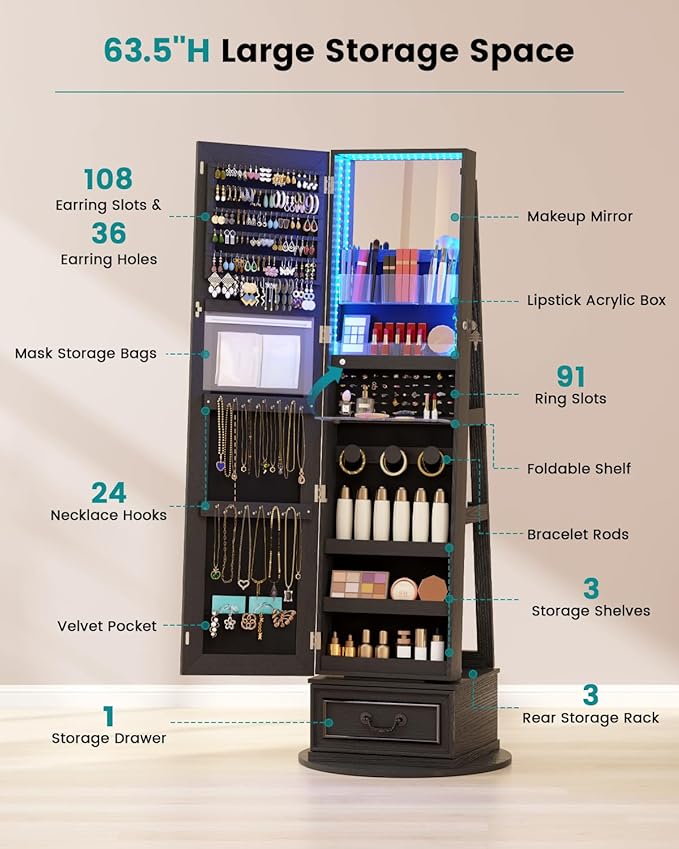 Vlsrka Mirror Jewelry Cabinet Standing, 360° Swivel Jewelry Armoire with Full Length Mirror, Lockable Mirror with Jewelry Storage, 3-Color LED Lights, Foldable Makeup Shelf, Black