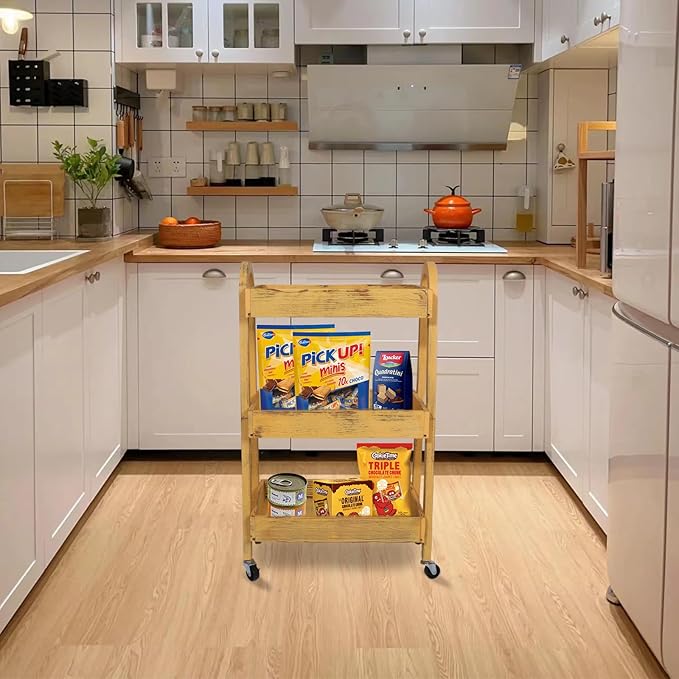 3-Tier Wooden Rolling Cart- Wooden Utility Cart wit Wheels- Utility Rolling Cart-Storage Trolley Organizer- Rolling Kitchen Serving Cart for Office,Kitchen, Kids' Room (Retro Yellow)