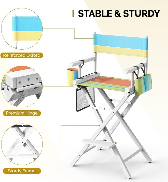 OmySalon Director's Chair 31" Height Folding Portable w/Storage Pouch & Footrest, Makeup Artist Chair for Salon, Events, Mobile, 250lb Capacity, White Wood Frame & Colorful Canvas Seat