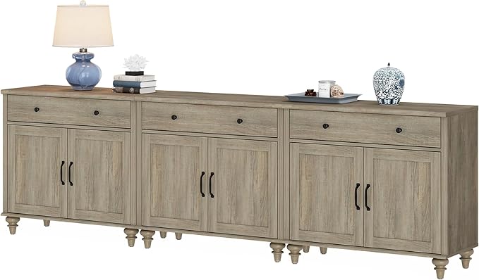 WAMAPT Buffet Cabinet with 6 Doors and 3 Drawers, Large Coffee Bar Table Wood Kitchen Storage Cabinets with Storage Cabinets, Modern Farmhouse Sideboard Credenza for Dining Room, Wash Grey, 101 inch