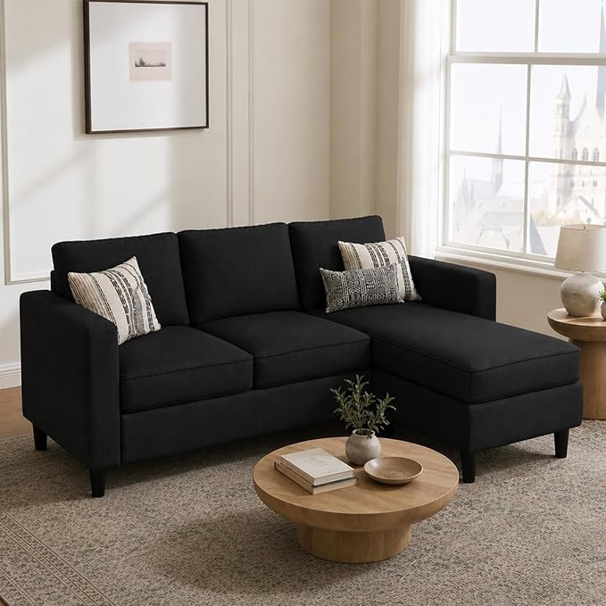 Nuturelly Modern Convertible Sectional Sofa Couch with Reversible Chaise, 3-Seater L-Shaped Small Space Couch for Living Room, Apartment & Office, Compact Fabric Sofa with Movable Ottoman, Black