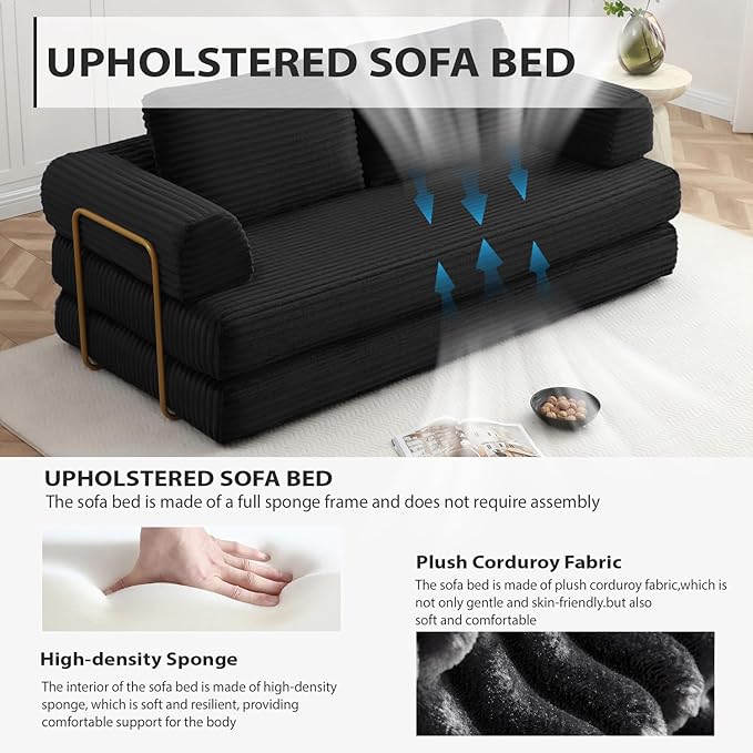 HANXIN 80 Inch Convertible Sleeper Sofa Bed, High Back Plush Corduroy Folding Floor Mattress Couch with Fixed-Shape Frame, Boneless Futon Loveseat with Pull Out Bed, No Assembly Required (Black)