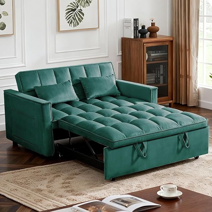 3 in 1 Convertible Sofa Bed, Velvet Fabric Loveseat Sleeper Sofa with Side Pockets, Pull Out Couch with Adjustable Backrest for Small Spaces, Living Room, Bedroom, Apartment, Green
