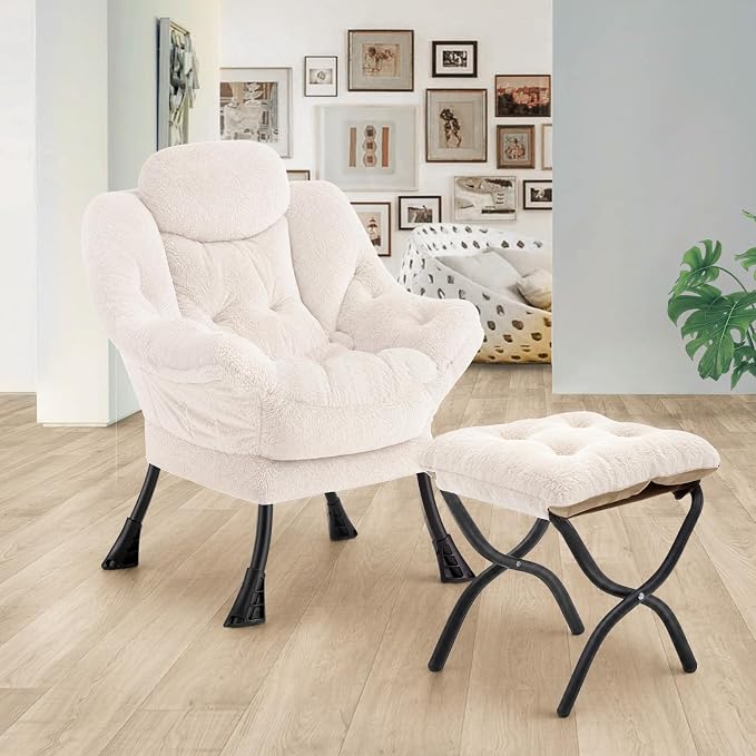 Lazy Chair with Folding Ottoman,Leisure Sofa Chair,Soft Fabric Armchair with Armrests and Side Pockets, Reading Chair with Footrest for Living Room, Bedroom, Office (Plush Beige)
