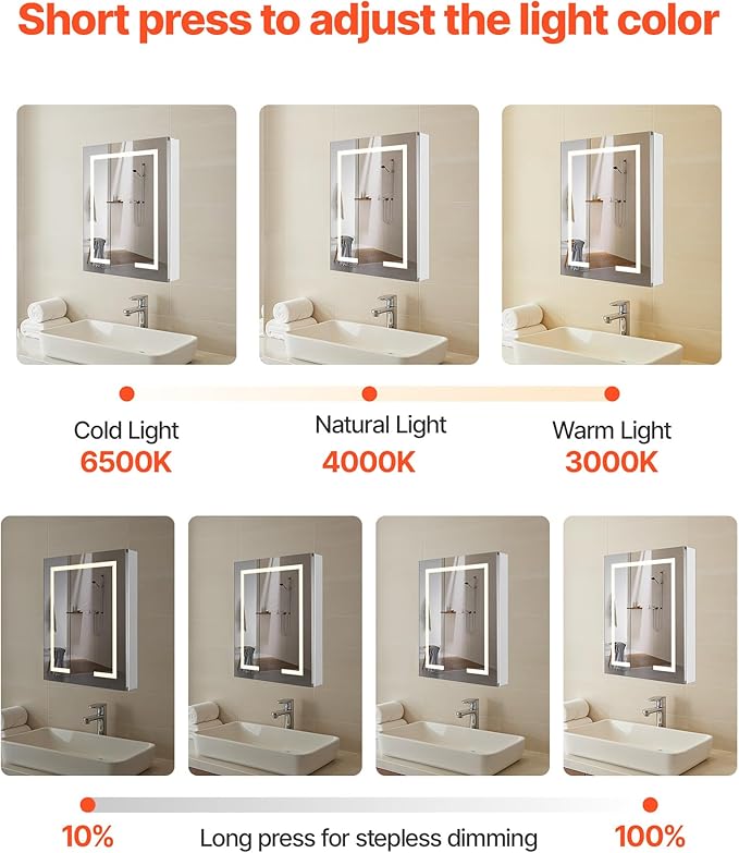 VEVOR Lighted Medicine Cabinet with Mirror, 24 x 30 in Recessed or Wall Mount, 3 Color Dimmable LED Bathroom Medicine Cabinet with HD Mirror, Clock, Adjustable Shelve Storage, Memory Defog Function