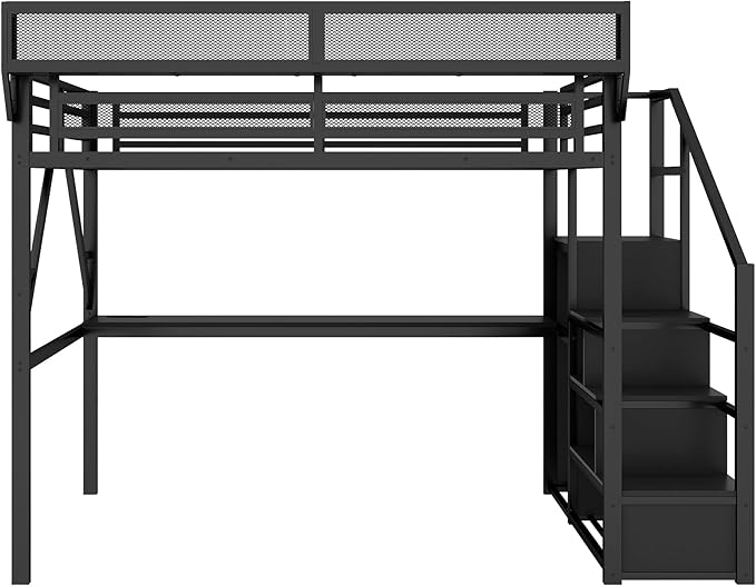 Mirightone Queen Size Loft Bed with Desk and Light, Metal Loft Bed Frame with Stairs and Bedside Shelf, Tall Lofts Beds with Storage Shelves and Wardrobe for Adults Studio Apartment, Black