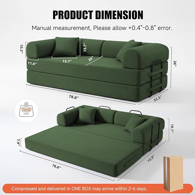 79" Compressed Sofa, Convertible Sofa Bed, Corduroy Compression Boneless Couch with Pillow, Comfy Modular Foldable Floor Sleeper Sofa for Bedroom, Living Room, Lounge, Studio (Olive Green)