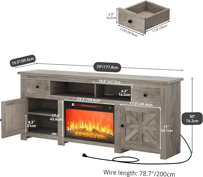 YITAHOME Electric Fireplace TV Stand for TVs up to 80 Inches, Entertainment Center with Fireplace, Farmhouse TV Stands with Storage Drawers & Cabinets for Living Room (Grey Oak)