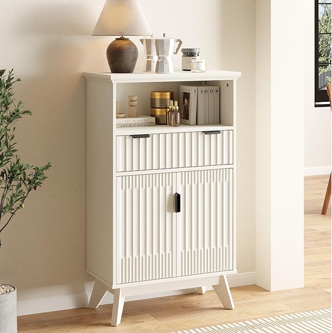 Fatmok Buffet Cabinet with Storage, 40" Modern Fluted Coffee Bar Cabinet with Drawer & Open Shelf, Wood Buffet Sideboard Console Table for Entryway, Kitchen, Living Room (White)