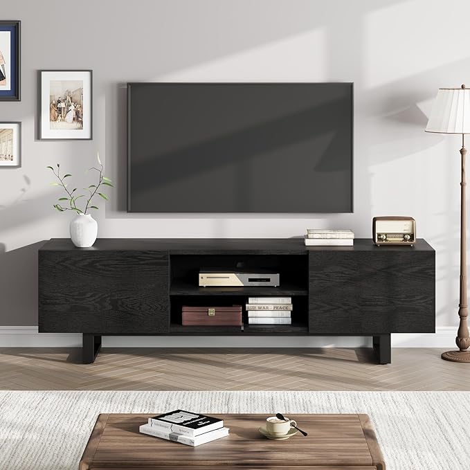 GarveeHome Industrial TV Stand for 80 in, Modern Entertainment Center with 2 Drawers, Wooden Media Cabinet with Heavy Duty Leg and Open Storage, TV Console Table for Living Room, Black