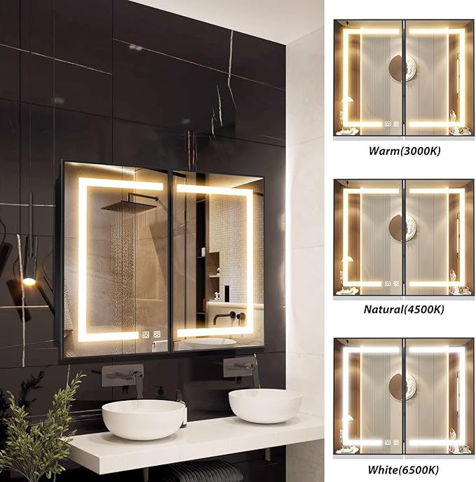 APRILSOUL 40x32 Inch Lighted Bathroom Medicine Cabinet with Mirror, Black Recessed or Surface Mount Medicine Cabinet Mirror with Storage and LED Lights, 3 Colors Temperature, Dimmable Light