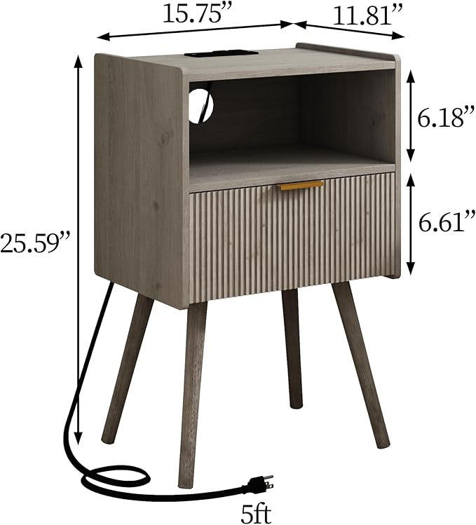 JOONEE Nightstand with Outlet,Modern Bedside Table with Storage Drawer and Open Wood Shelf, for Living Room, Bedroom and Small Spaces, Accent Night Stand with Solid Wood Legs, Easy Assembly,Grey Oak
