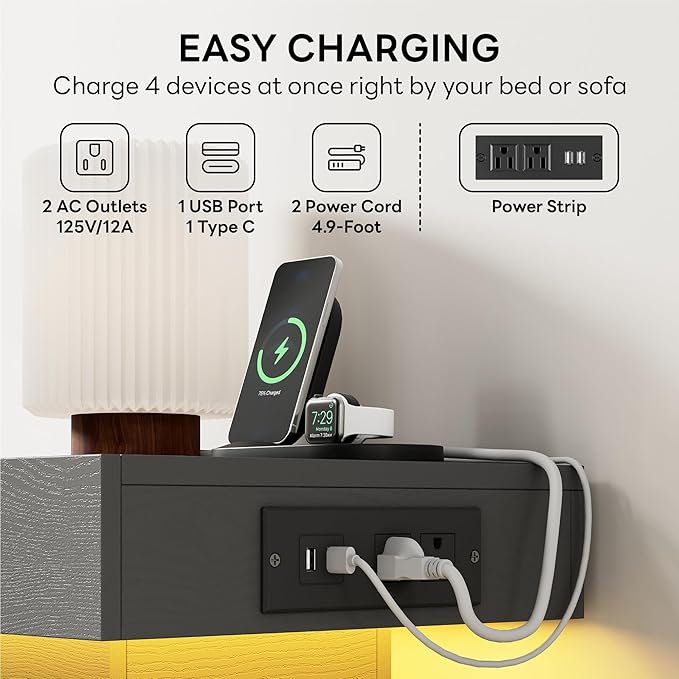 LIKIMIO Night Stand with Charging Station, Modern Grey Nightstand with LED Light and Drawers, Bedside Tables/End Table for Bedroom