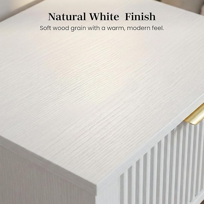Modern Fluted Small Wood Nightstand, 11.8" Deep x 15.4" Narrow Bedside Table with Drawer & Open Shelf, Farmhouse Chic Accent Side Table for Bedroom & Sofa - White