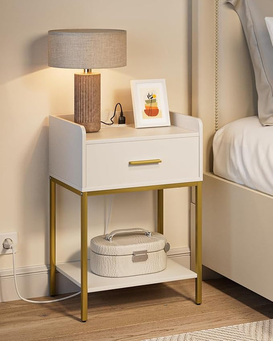 Nightstand with Charging Station,3-Tier Bedside Table for Small Space,Modern Night Stand with Storage Drawer and Shelf,Small Side Table for Bedroom,Living Room,White
