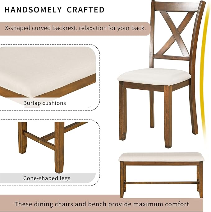Merax 6-Piece Wooden Kitchen Dining Table Set with 4 Fabric Chairs and Bench, Family Furniture, Natural Cherry