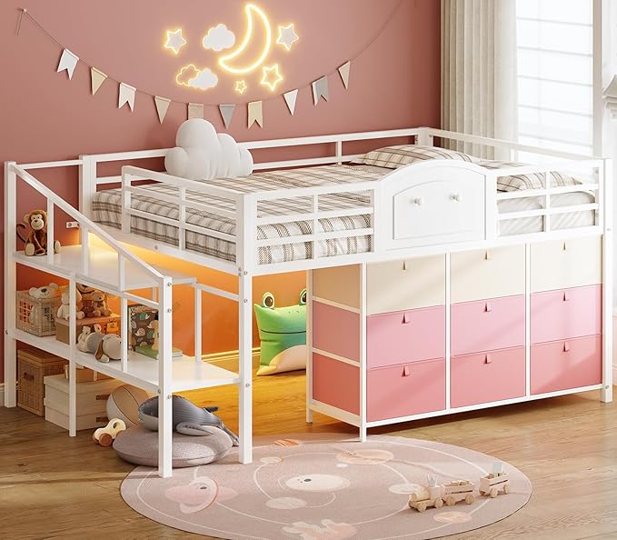 VIAGDO Low Loft Bed Full Size with 9 Storage Drawers and LED Lights, Metal Full Size Loft Bed with Stairway Shelf Storage, Low Loft Bed with Safety Guardrail and Under-Bed Hideaway for Kids, White