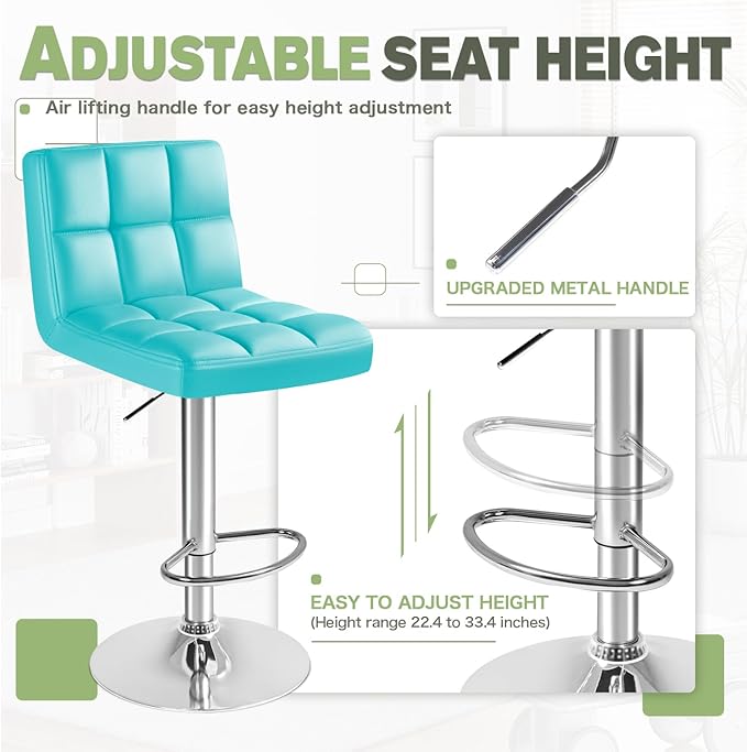 Furmax Bar Stools Modern Pu Leather Swivel Adjustable Hydraulic Bar Stool Square Counter Height Stool Set of 2 (Blue)