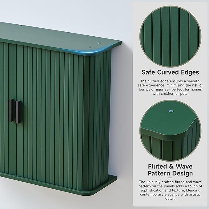 weselon Fluted Wall Mounted Bathroom Cabinet with Sliding Doors, Medicine Cabinet Storage for Over the Toilet, Space Saver Organizer for Small Bathroom Laundry Kitchen (Green)