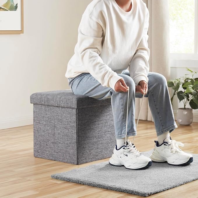 Ornavo Home Folding Storage Ottoman, 15 Inch Storage Cube with Lid, Foot Rest Stool for Bedroom, Living Room, Entryway, Tufted Linen Upholstered - Gray