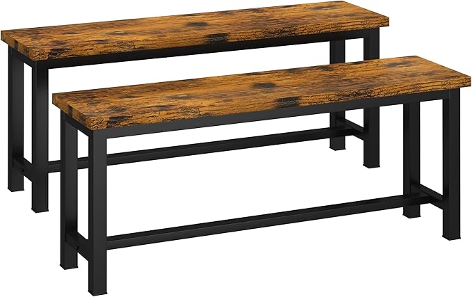 Recaceik Dining Benches - Pair of 2 Industrial Benches for Dining Room, Kitchen, Entryway, Bedroom - 39 Inch, Rustic Brown Metal Legs, Easy to Assemble