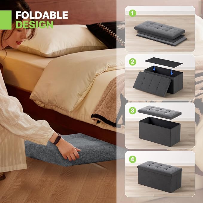 Magshion Folding Storage Ottoman Bench, 30 Inches Ottoman Foot Rest, End of Bed Bench, Storage Chest for Living Room, Entryway, Bedroom, 600 lbs Load Capacity, 15 x 30 x 15 Inches, Dark Gray