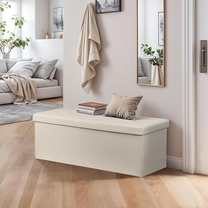 ZENY 43.3 Inches Folding Storage Ottoman Bench with Hidden Storage, Foot Rest Stool, Chest for Living Room, Bedroom (Beige, 15" D x 43.3" W x 15" H)