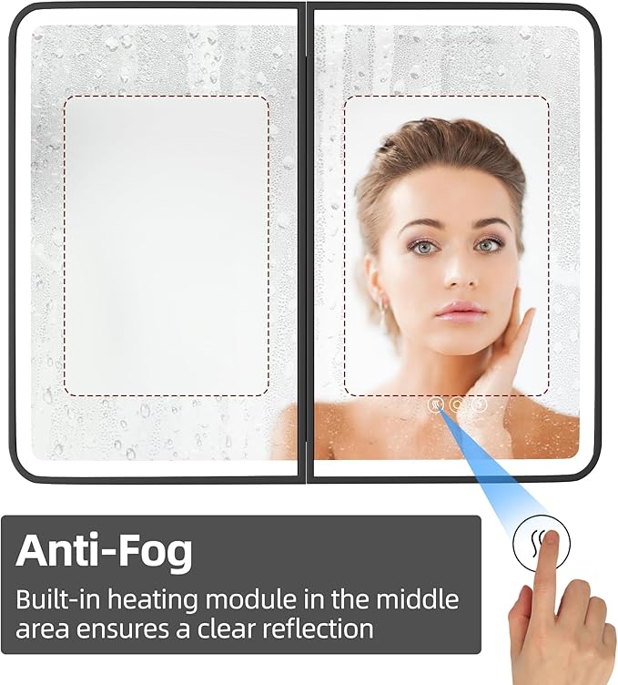 32 x 30 Inch Recessed Medicine Cabinet Mirror with Lights, Wall Mounted LED Bathroom Mirror Cabinet, Dimmable, Anti-Fog, Memory Function, 3 Color Modes, Adjustable Shelf, ETL Certified, Black