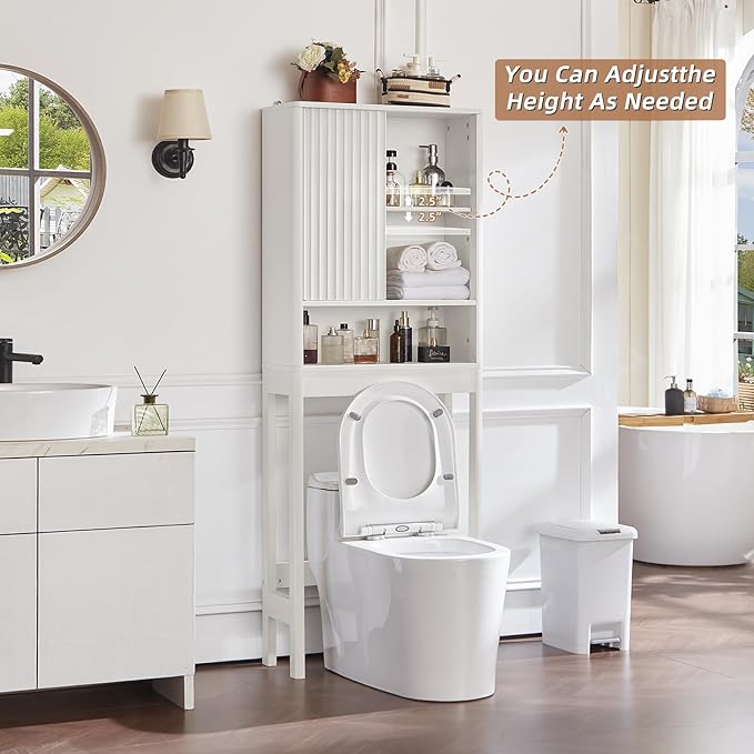 LEYAOYAO Fluted Over The Toilet Storage Cabinet, Farmhouse Over Toilet Bathroom Organizer with a Sliding Door, 68" Tall Freestanding Washer Shelf with Adjustable Shelf & Curved Profile,White