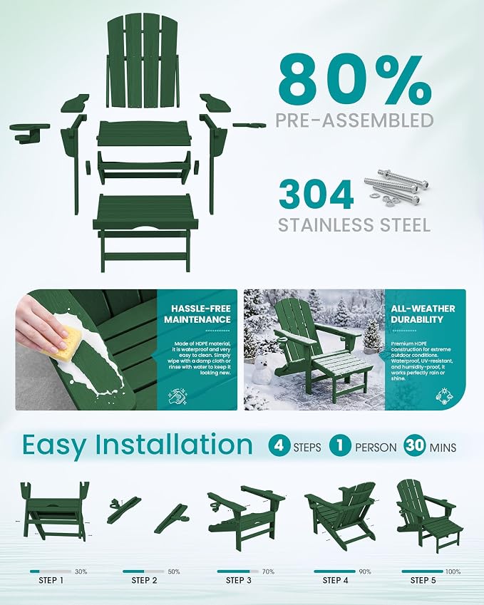 SERWALL Folding Adjustable Adirondack Chair with Footrest, HDPE Outdoor Chair with Dual Cup Holders, All Weather Adirondack Chair with Ottoman, Green
