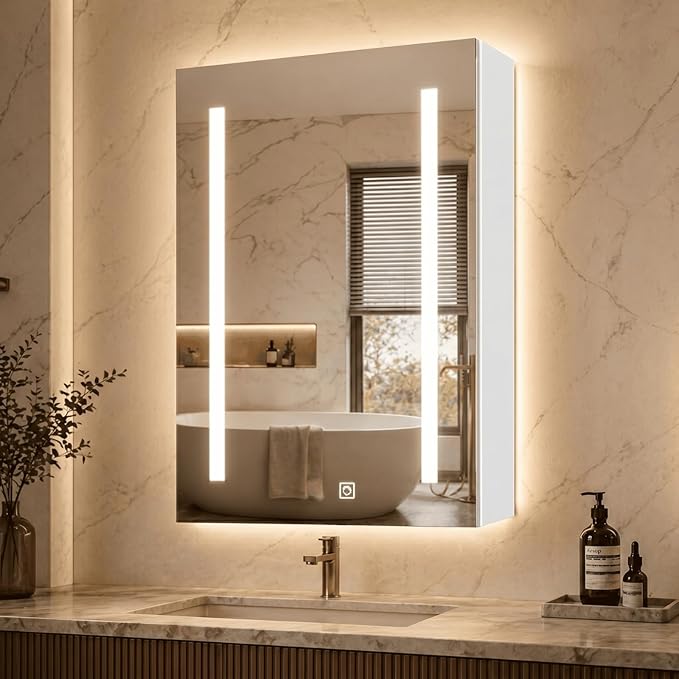 VINGLI 16Inch Medicine Cabinet with Lights, Lighted Medicine Cabinet with Mirror, Led Wall Mirror with Storage for Bathroom,Wall Mounted,3-Color Memory Mode Light，White,5.9" D x 15.75" W x 23.6" H