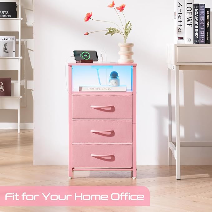 Yoobure Night Stand with Charging Station, 16 Colors LED Nightstand with USB Ports and Outlets, End Table with 3 Fabric Drawers and Storage Shelf, Bedside Tables Small Dresser for Small Space Pink