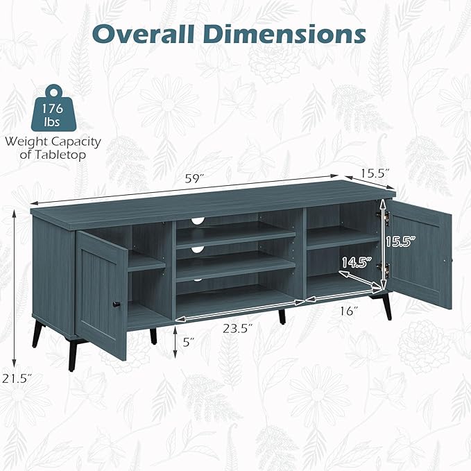 Giantex 2-Door TV Stand for TVs up to 65", Mid Century Modern Entertainment Center with 2 Storage Cabinets & 4 Adjustable Shelves, 6 Metal Legs, Media TV Console Table for Living Room (Teal Blue)