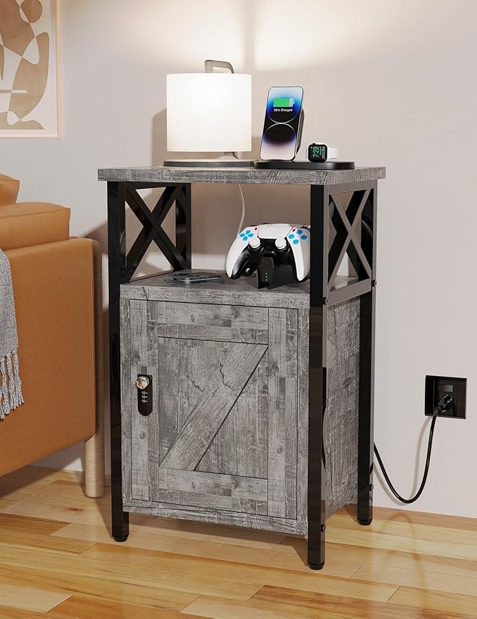 runjuly Wooden Nightstand with Lock, Bed Side Table with Drawers, Bedside Table with Charging Station, 3 USB & 2 Outlets, Night Stand with Cabinet Storage, End Tables for Bedroom, Ash Grey
