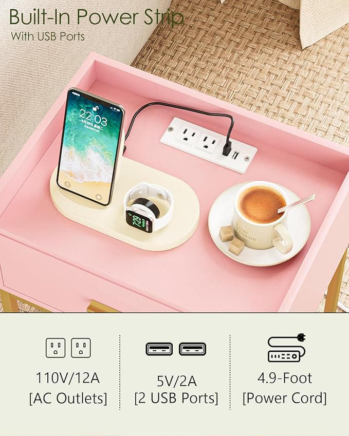 Nightstand with Charging Station, Modern Bedside Table with Drawer and Legs,Pink and Gold Night Stand with Open Shelf, Narrow Side Table for Bedroom, Living Room